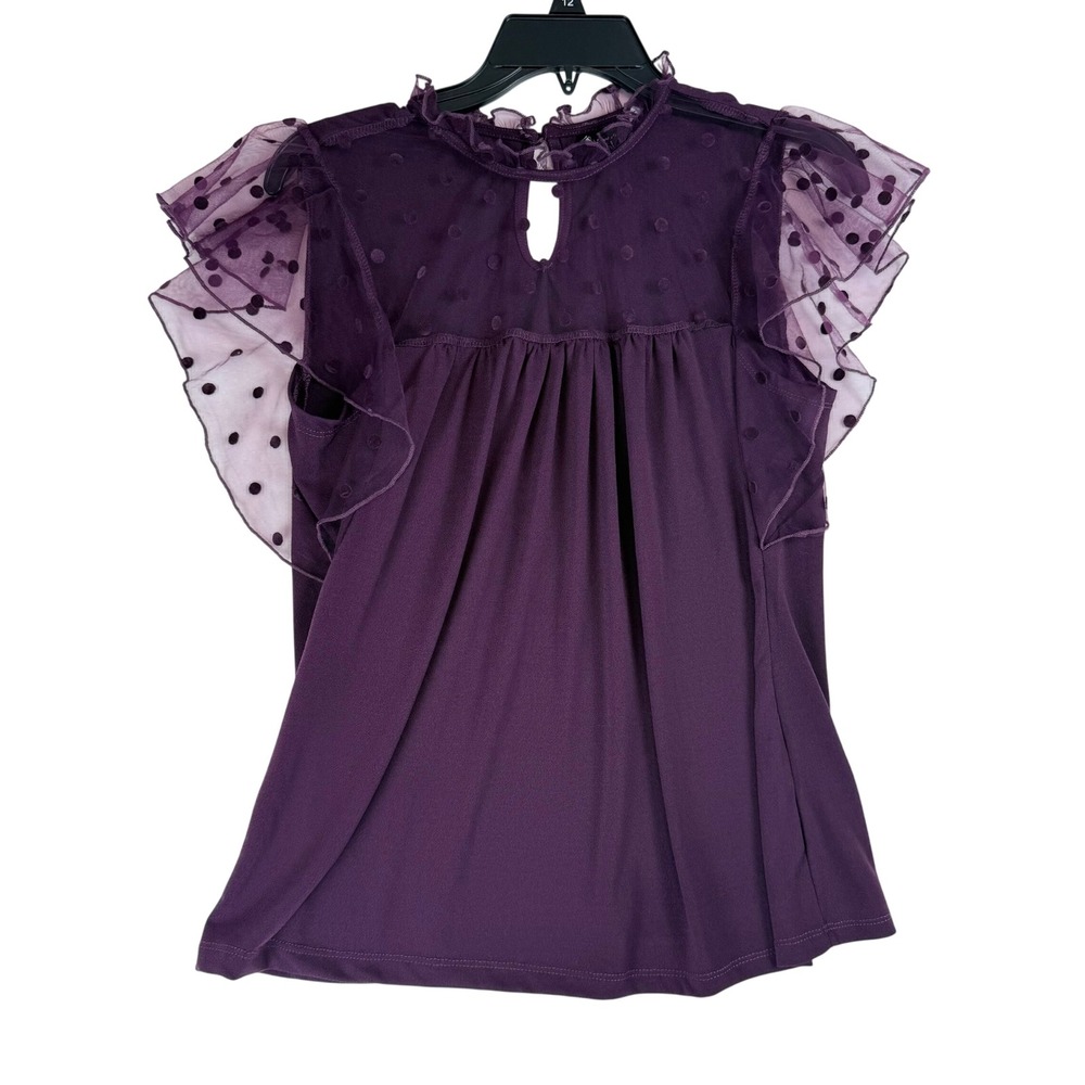 Alison Andrews Blouse Womens Large Purple Swiss Dot Flutter Sleeve Whimsigoth